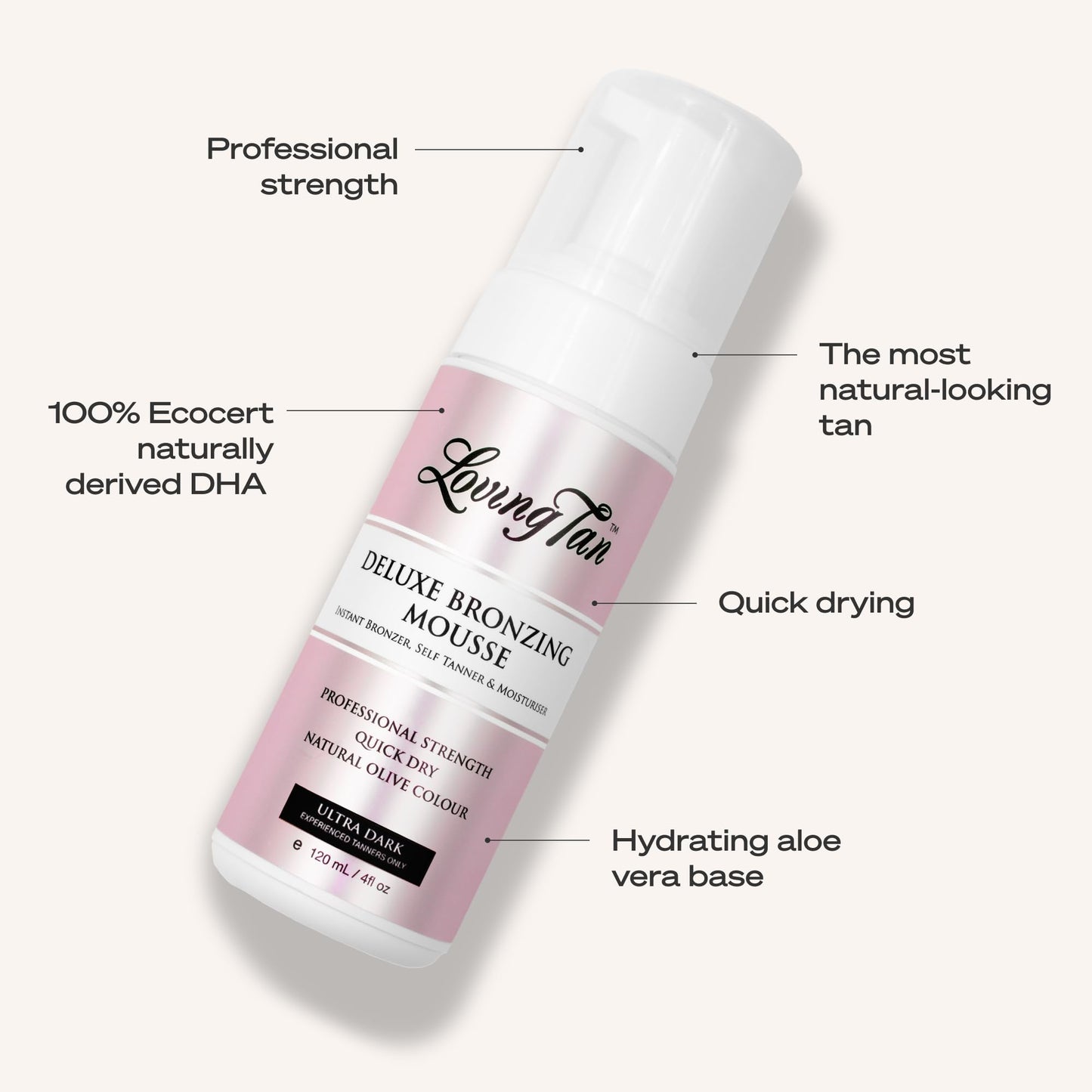 Loving Tan Deluxe Self Tanning Bronzing Mousse, Ultra Dark - Streak Free, Professional Quality Sunless Tanning - Up to 5 Self Tanner Applications per Bottle, Cruelty Free - 4 FL Oz