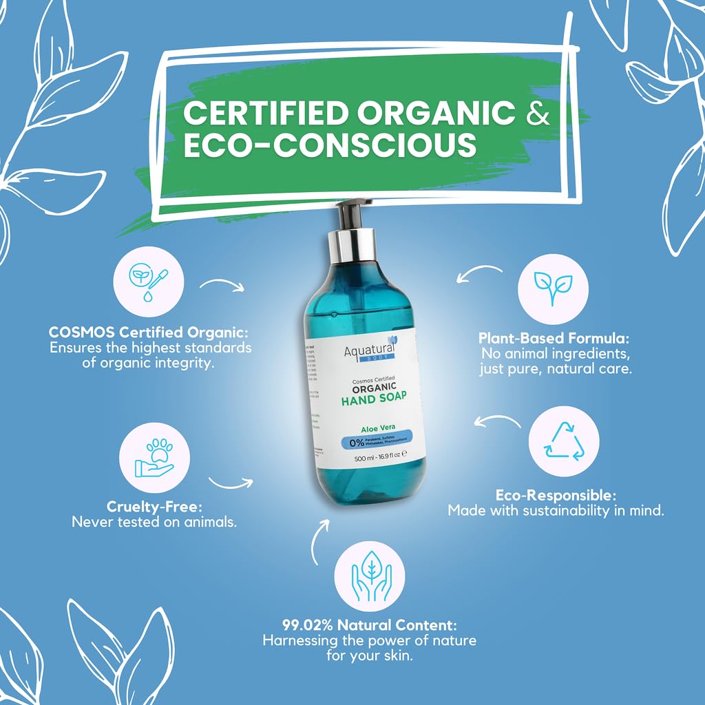 Aquatural Organic Hand Soap - Liquid Hand Soap with Aloe Vera - Plant Based, Cruelty-Free & Vegan - Moisturizing Wash - Paraben Free & Sulfate Free Natural Soap - Lavender Handsoap