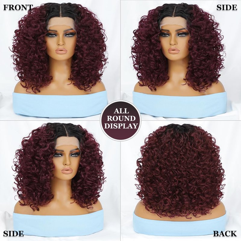 Felek 16inch Curly Lace Front Wigs Middle Part Jerry Curl Wig Ombre Burgundy Color T Lace Front Curly Synthetic Pre-Plucked Deep Curly Wigs For Black Women(T1B/BUG)