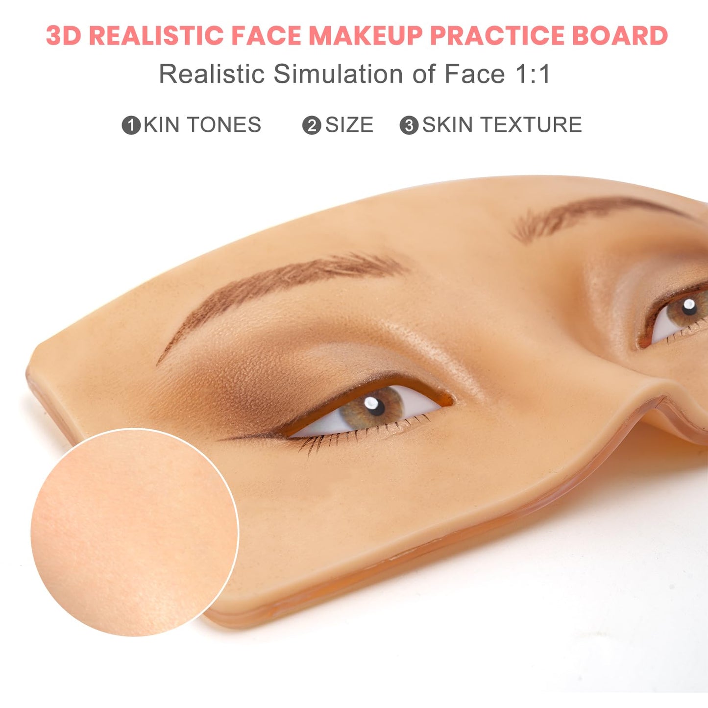 Makeup Practice Face Board FTOYIN, Silicone 3D Realistic Pad for Makeup Beginners and Professional Enthusiasts, Eyeshadow Eyeliner Eyebrow Lash mapping Realistic Face Skin Eye Make up Practice Model