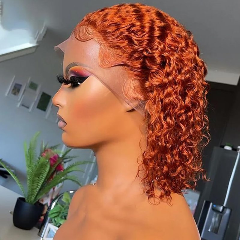 GOLFMAX 8-Inch Curly Bob Wig - Ginger Lace Front Human Hair | Water Wave, Pre-Plucked 13x4