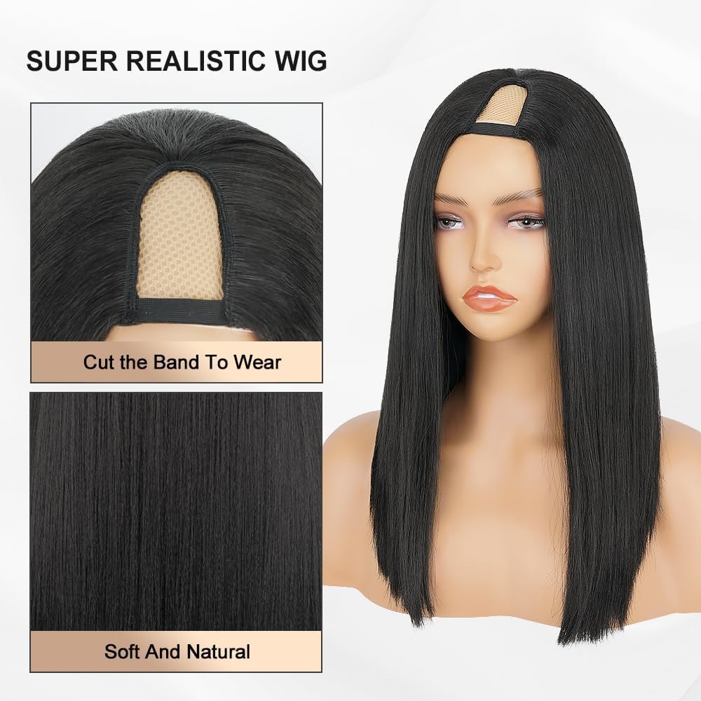 Emistar Black V Part Wig Kinky Straight Wig Upgrade U Part Synthetic Wigs for Black Women Full Head Clip In Hair Glueless Blend Human Hair Replacement Synthetic Wigs Natural Scalp (Black2.0, 14 Inch)