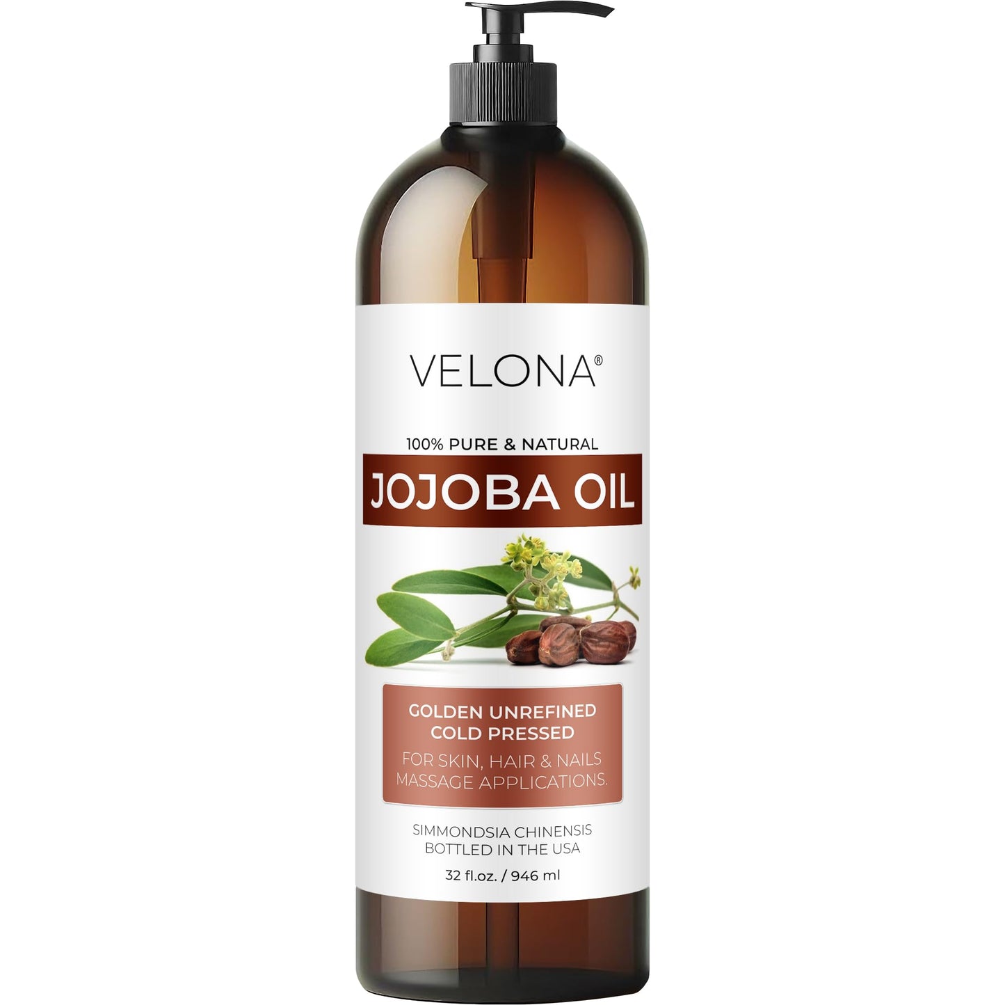 velona Jojoba Oil - 32 fl oz (With Pump) | 100% Pure and Natural | Golden, Unrefined, Cold Pressed, Hexane Free | Moisturizing Face, Hair, Body, Skin Care
