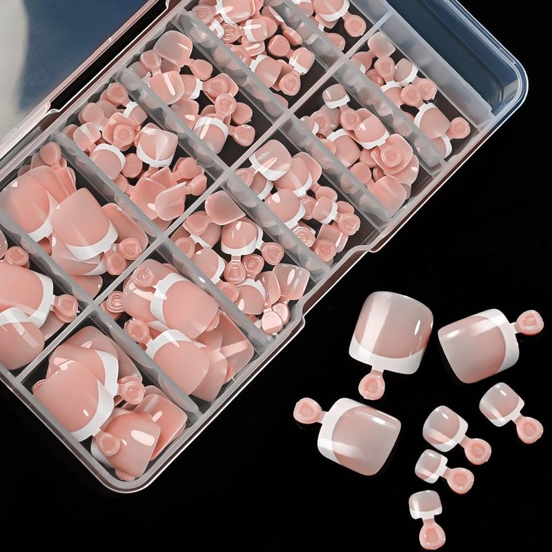 SENGYi Press On Toenails for Women French Tip Toe Nail Press Ons with Nail Glue Kit Nude Fake Toenails 120Pcs