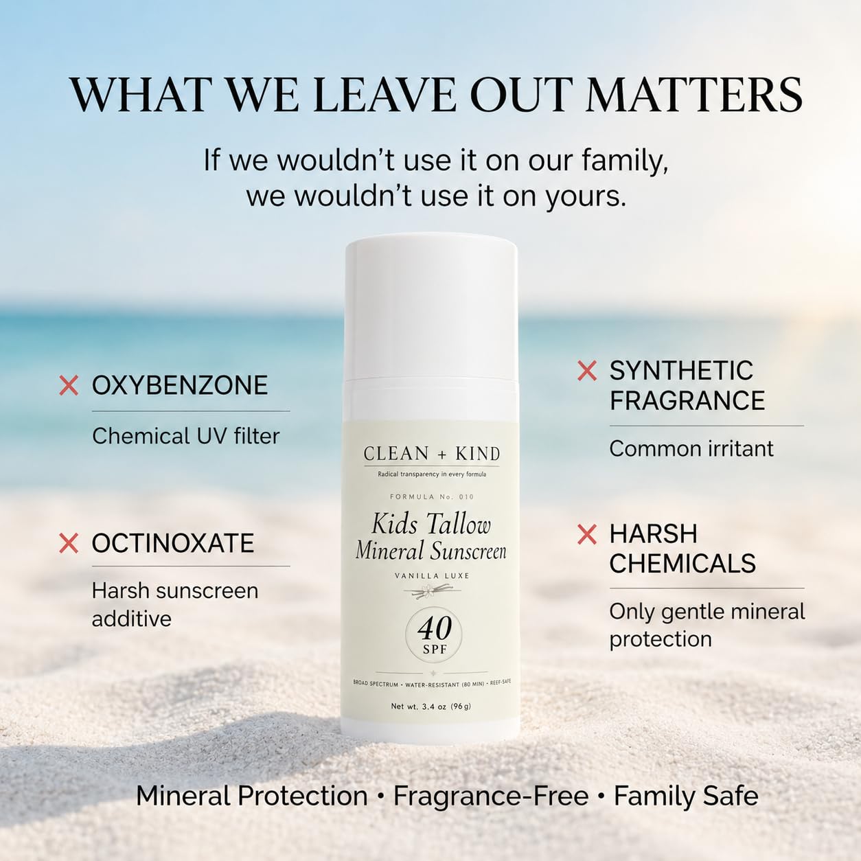 Clean + Kind Kids Sunscreen Mineral SPF 40 Vanilla — Non Toxic Baby & Toddler Sunblock with Non-Nano Zinc Oxide, Grass-Fed Tallow, Natural Reef-Safe Sun Lotion, No White Cast for Sensitive Skin