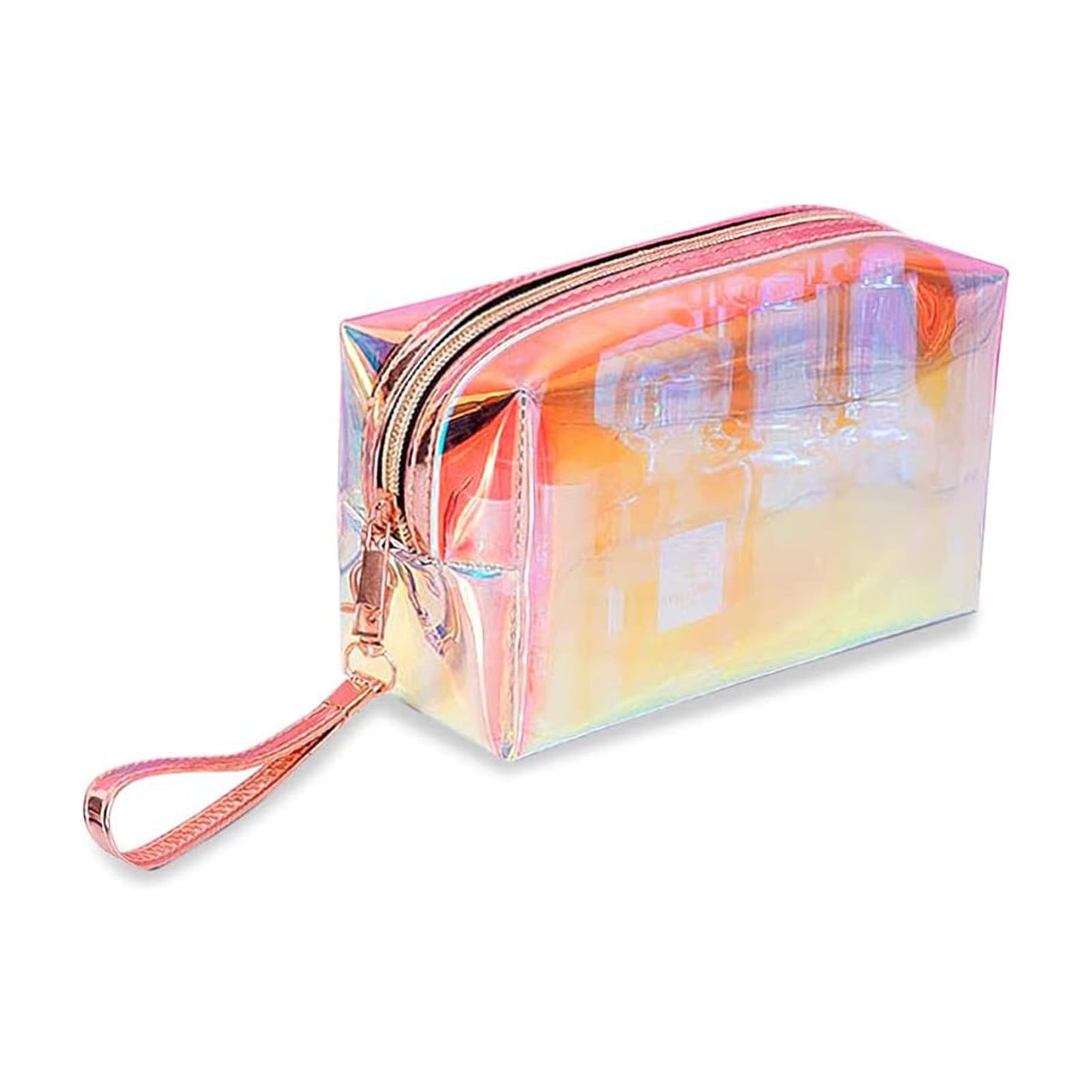 Gripebao Iridescent Holographic Makeup Bag with Wrist strap, Travel Clear Toiletry Bag, Lipstick Cosmetic Pouch, Waterproof Zipper Beach Bag Make up Organizer Case for Woman Teen Girl, A