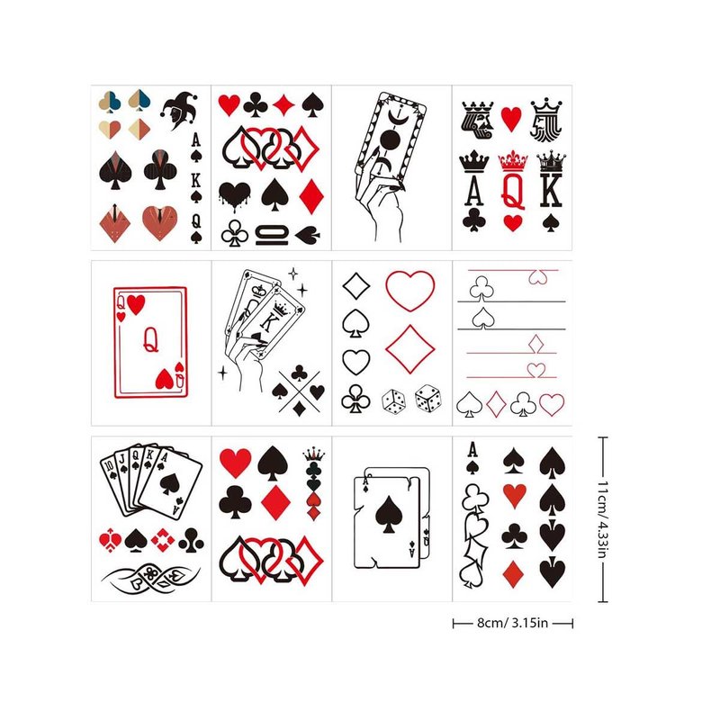 Poker Temporary Tattoos,60 Pcs Small Red heart Plum Blossom Spades Block Dice Playing Card Tattoo for Adult Women Men Decor,Casino Game Night day Gift,Bachelorette Girls Birthday Party Decorations 486