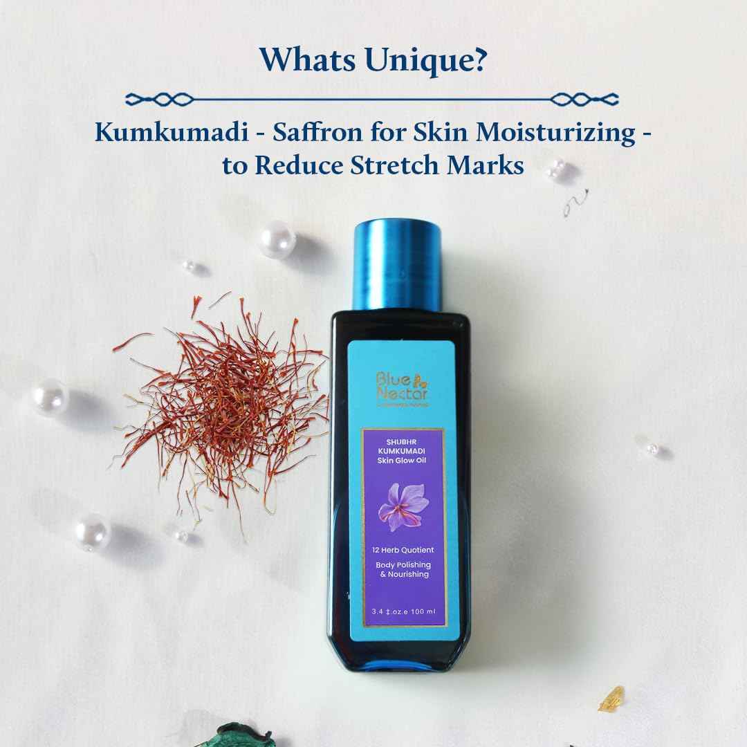 Blue Nectar Kumkumadi Body Oil for Glowing Skin | Moisturizing Oil for Dry Skin with Relaxing Aroma | Plant Based Body Oil for Women & Men (12 Herbs, 3.4 fl oz)