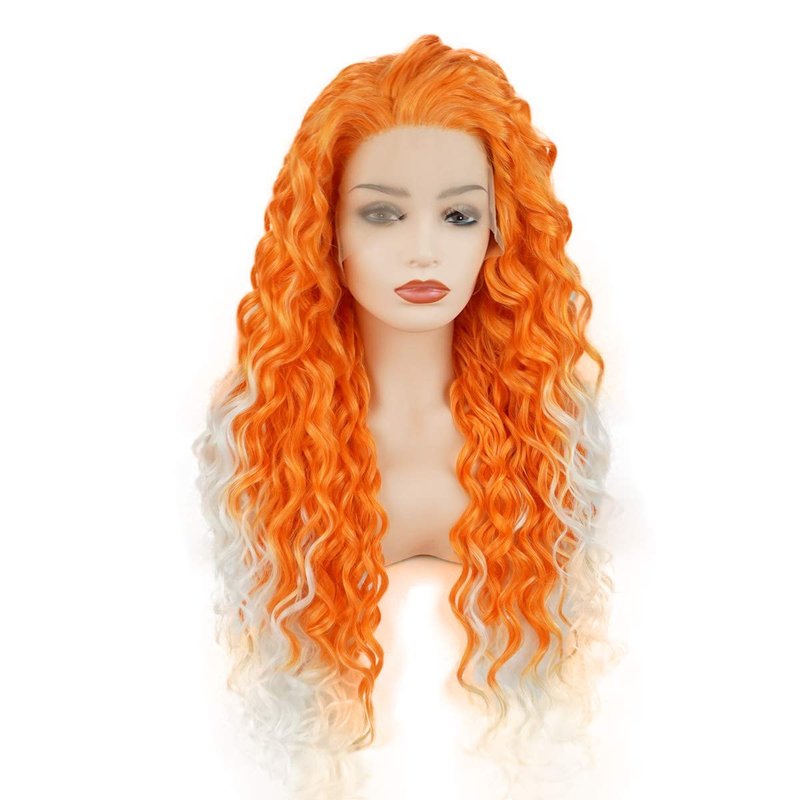 Meiyite Hair Curly Long 26inch Two Tone Orange White Ombre Heavy Density Realistic Synthetic Lace Front Wigs