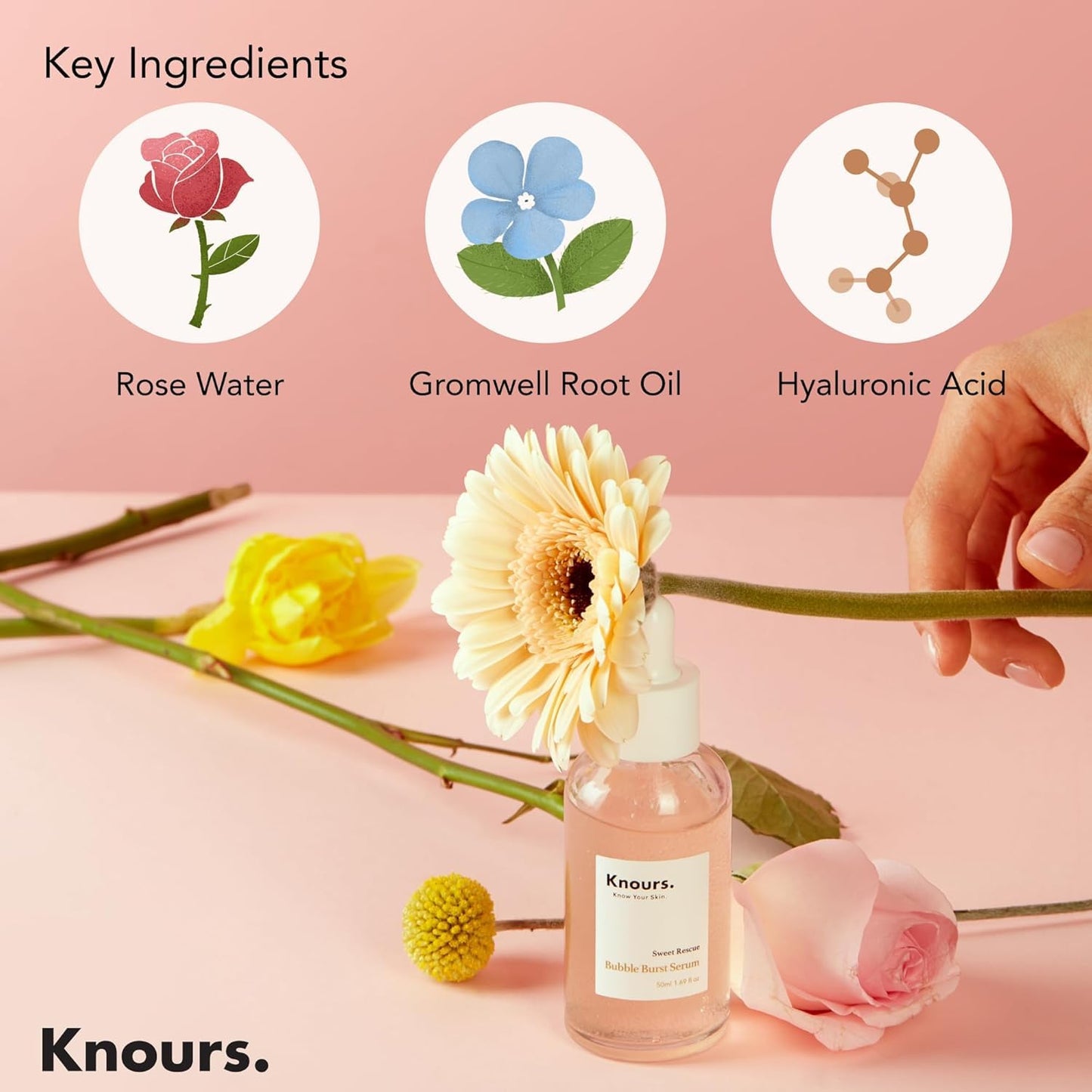 Knours. Balancing 5xHA + Gromwell Root Bubble Burst Serum, Rose Water Niacinamide Hydrating Improve Tone Korean Skincare Clean Beauty (50ml 1.69fl. oz.)