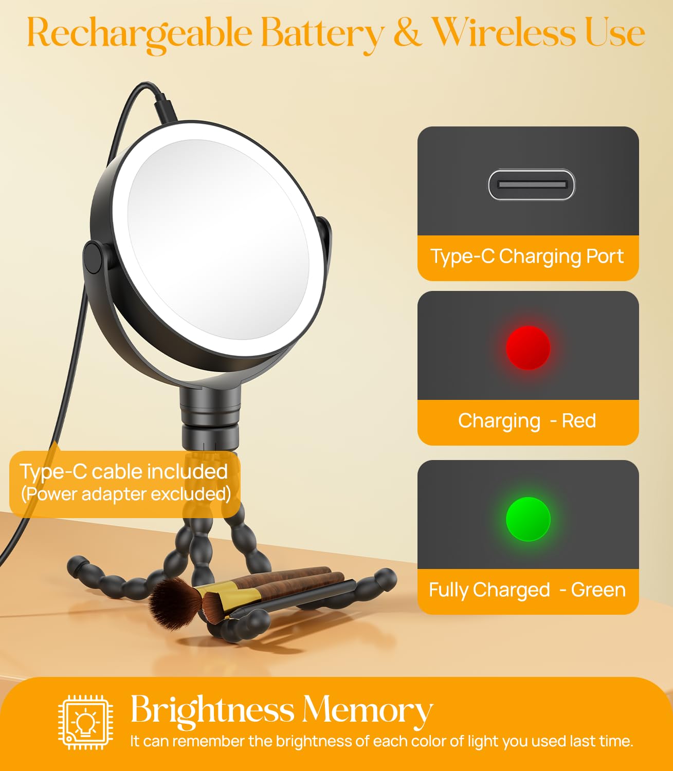 Gospire 5.85” Tripod Travel Makeup Mirror with Lights and Magnification 1X/10X, 4 in 1 Winding Hanging Handheld Tabletop, 3 Light Colors and Adjustable Brightness – Black