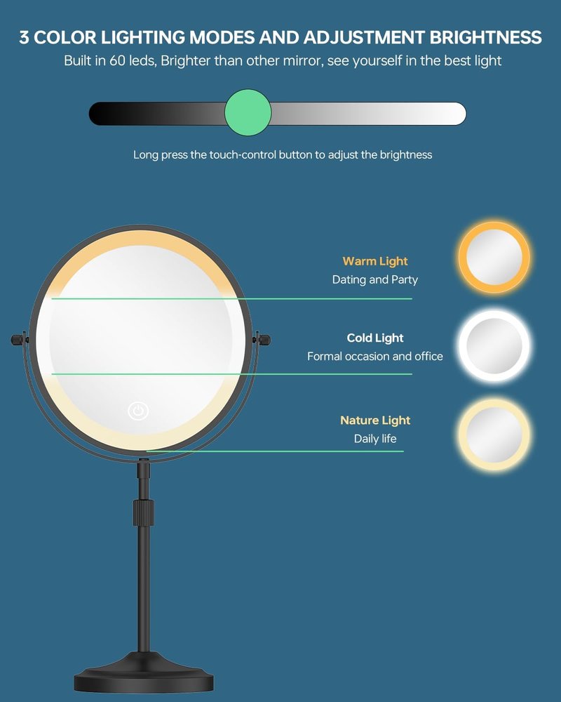 Lighted Makeup Mirror - 9-Inch with 1X/10X Magnification, Dimmable LED, 3 Lighting Colors | Adjustable Height, Black