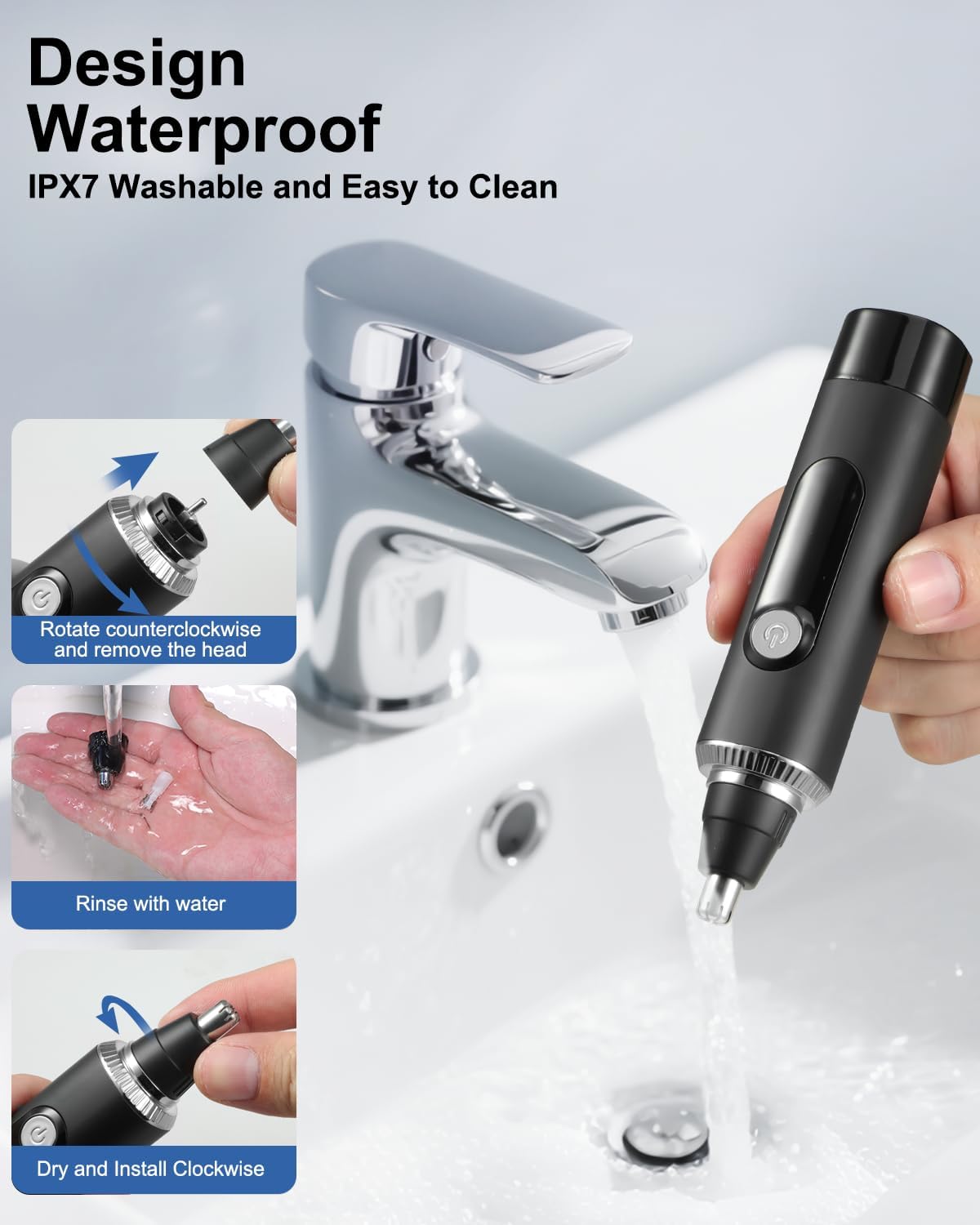 Nose Hair Trimmer | Professional Painless IPX7 Waterproof Eyebrow & Facial Hair Trimmer - USB Rechargeable with LED Display, Black/Silver