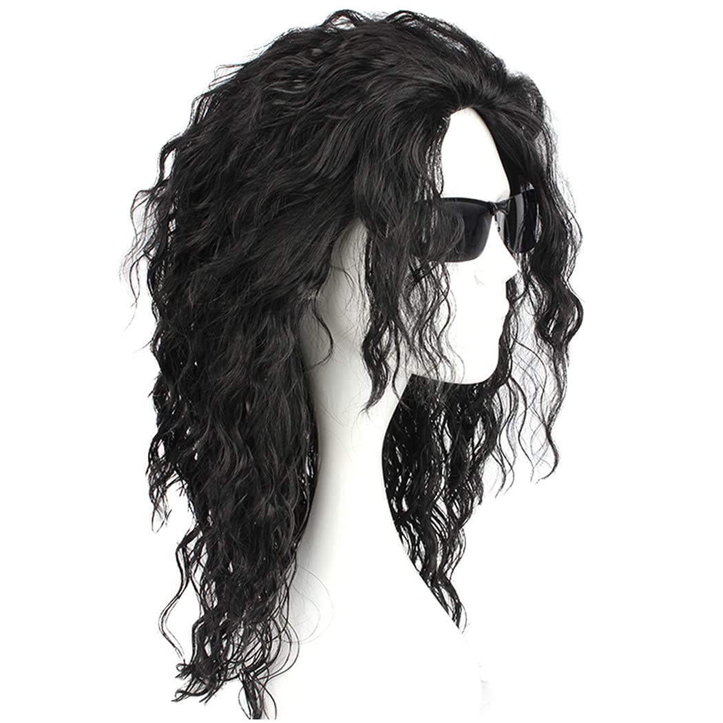 Ruina Black Wigs for Costume Men 70s 80s Costume Wig Long Curly Wavy Black Hair Metal Rocker Wigs with Wig Caps R022BK