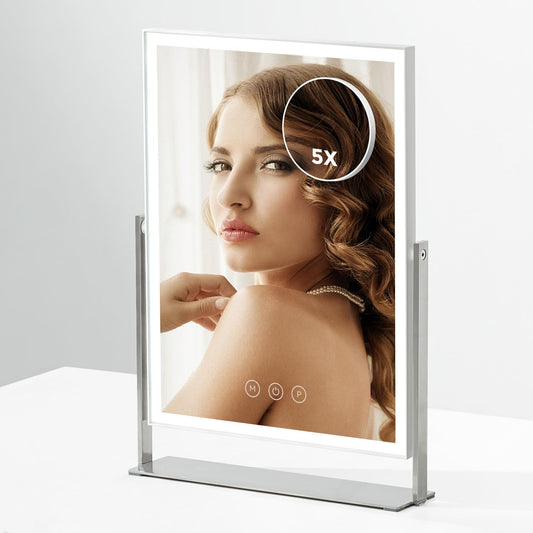 NEZZOE Rechargeable Vanity Mirror with Lights, Table Mirror with Stand, Makeup Mirror with 3 Colors and Brightness Adjustable, 3000mAh Battery, 14×10 Inch