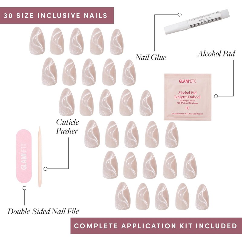 Glamnetic Press On Nails - WOO-MAN! | Gray Short Almond Velvet Cat Eye - 30 Nail Kit with Glue, 15 Sizes