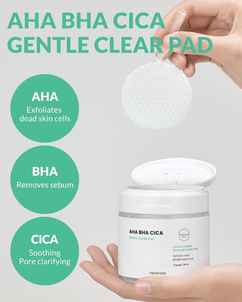 AHA BHA Cica Gentle Clear Pads - Exfoliating Facial Pads for Dead Skin, pH Balance & Pore Tightening | 70 Sheets