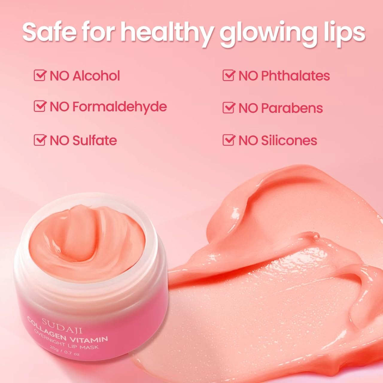 SUDAJI Collagen Lip Mask, Hydrating Lip Balm, Lip Moisture with Hyaluronic Acid & Vitamins E, A- Overnight Sleeping Nourishing Lip Butter Balm for Dry Lips 0.7 Oz