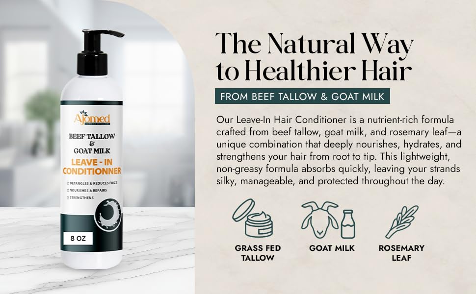 Beef Tallow & Goat Milk Leave-In Conditioner - Handmade Hair Detangler for Anti-Frizz & Dreadlocks | 12 Fl Oz