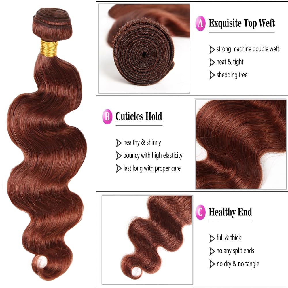 Niciitysi Color 33 Human Hair Reddish Brown Body Wave Bundles 8 10 12 inch Double Weft Brazilian Copper Red Hair Extensions Auburn Bundles Silky Soft for Women
