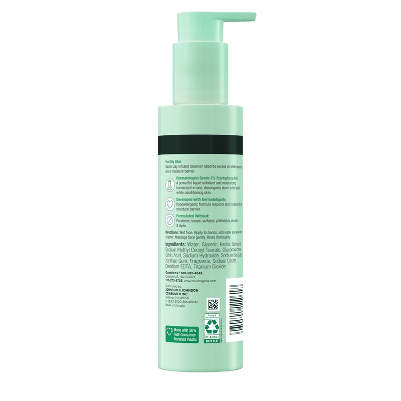 Neutrogena Skin Balancing Kaolin Clay Cleanser with 2% Polyhydroxy Acid (PHA), Mattifying & Conditioning Face Wash for Oily Skin, Paraben-Free, Soap-Free, Sulfate-Free, 6.3 oz