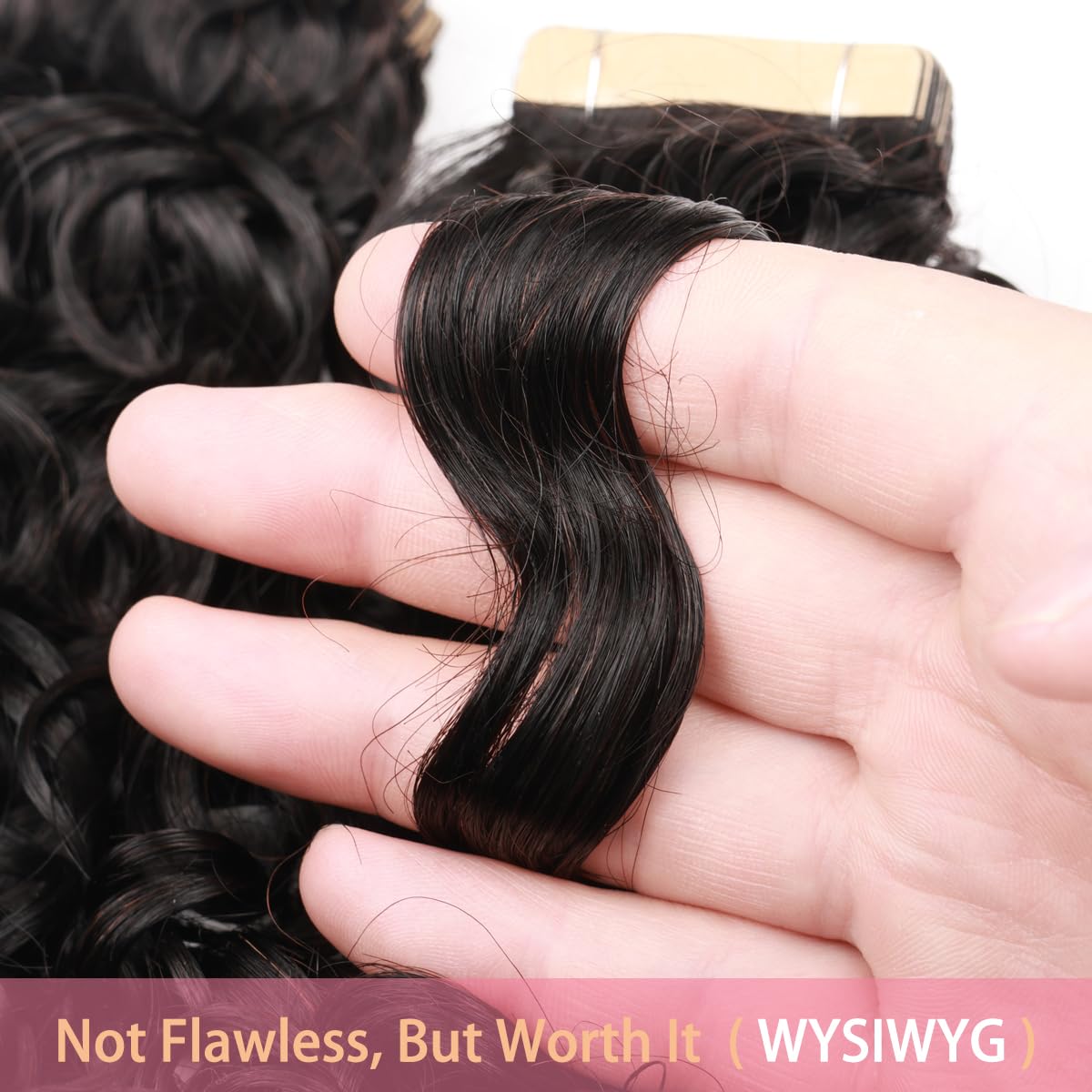 ShowJarlly Tape in Hair Extensions Human Hair 20 Pcs Curl Extensions for Women Real Hair Black Tape in Extensions Jerry Curly Tape Ins Human Hair Natural Black 18 Inch (40g)
