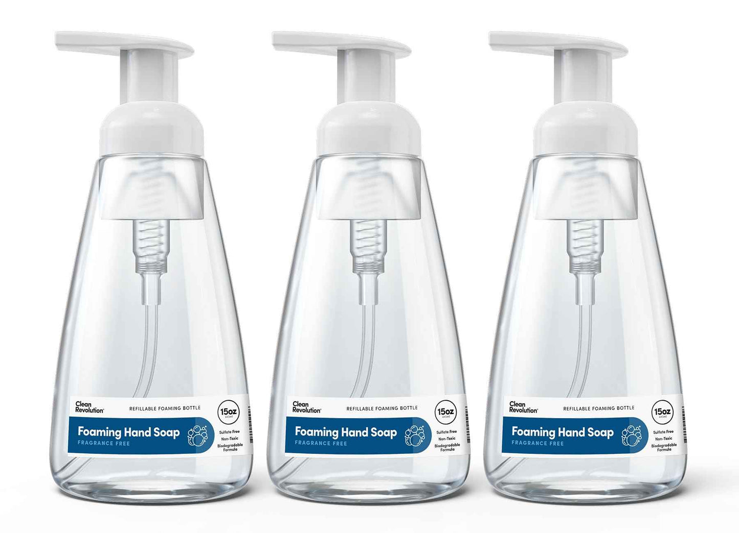 Clean Revolution Ready to Use Foaming Hand Soap| Three Pack | Jumbo 15oz Bottles | Gentle, Moisturizing & Eco-Friendly | Real Essential Oils | Fragrance Free | 45 Total Fl Oz, Clear