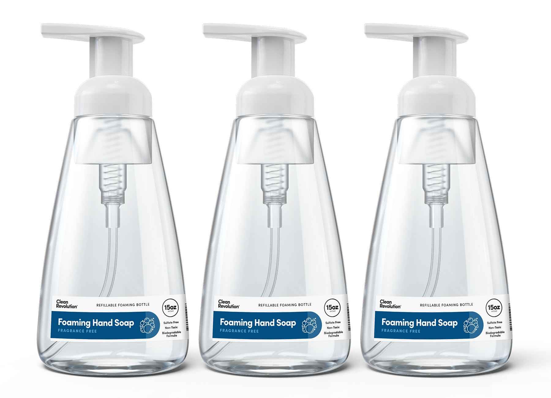 Clean Revolution Ready to Use Foaming Hand Soap| Three Pack | Jumbo 15oz Bottles | Gentle, Moisturizing & Eco-Friendly | Real Essential Oils | Fragrance Free | 45 Total Fl Oz, Clear