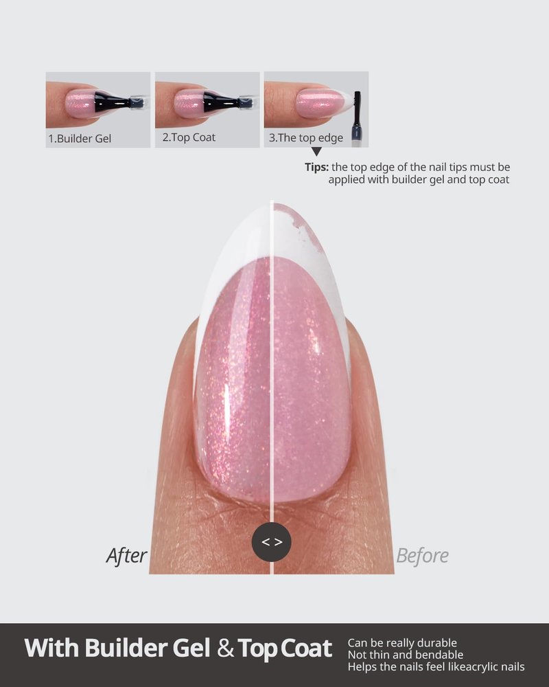 Shimmering French Tip Press-On Nails - 96 Pcs Sparkling Pink Extra Short Set | 16 Sizes for Weddings