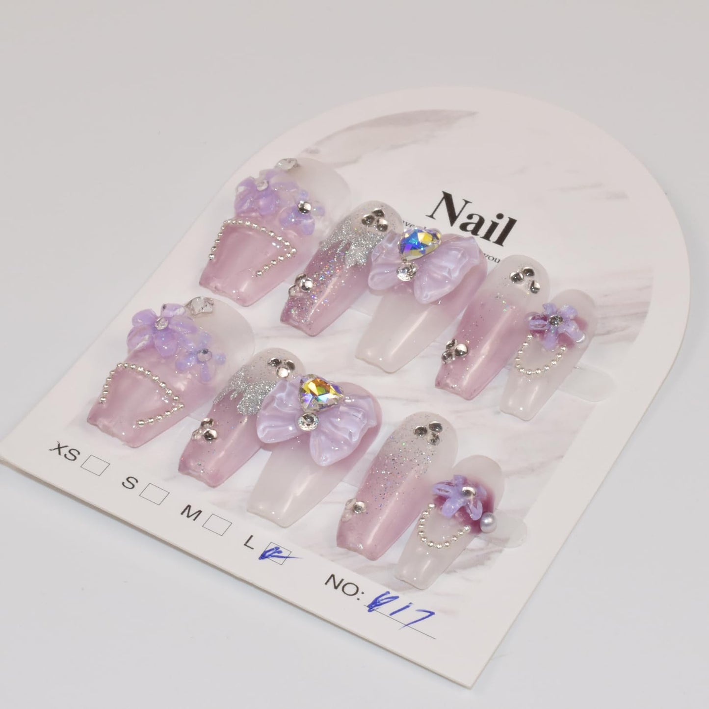 Handmade Fake Nails Long Purple Rhinestones Bow Flowers Design Press-on Nails Printing Glitter Silver Butterfly False Tips 10Pcs Size L