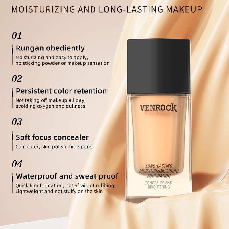 VENROCK 24HR Long-Lasting Moisturizing Liquid Foundation | Radiant, Waterproof, Concealing & Oil-Control (01# Ivory White, 30ml)