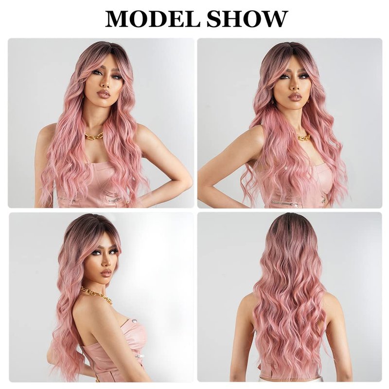 Esmee Long Wavy Pale Pink Wigs for Women Natuaral Synthetic Hair Heat Resistant Ombre Wig for Daily Party Cosplay Use