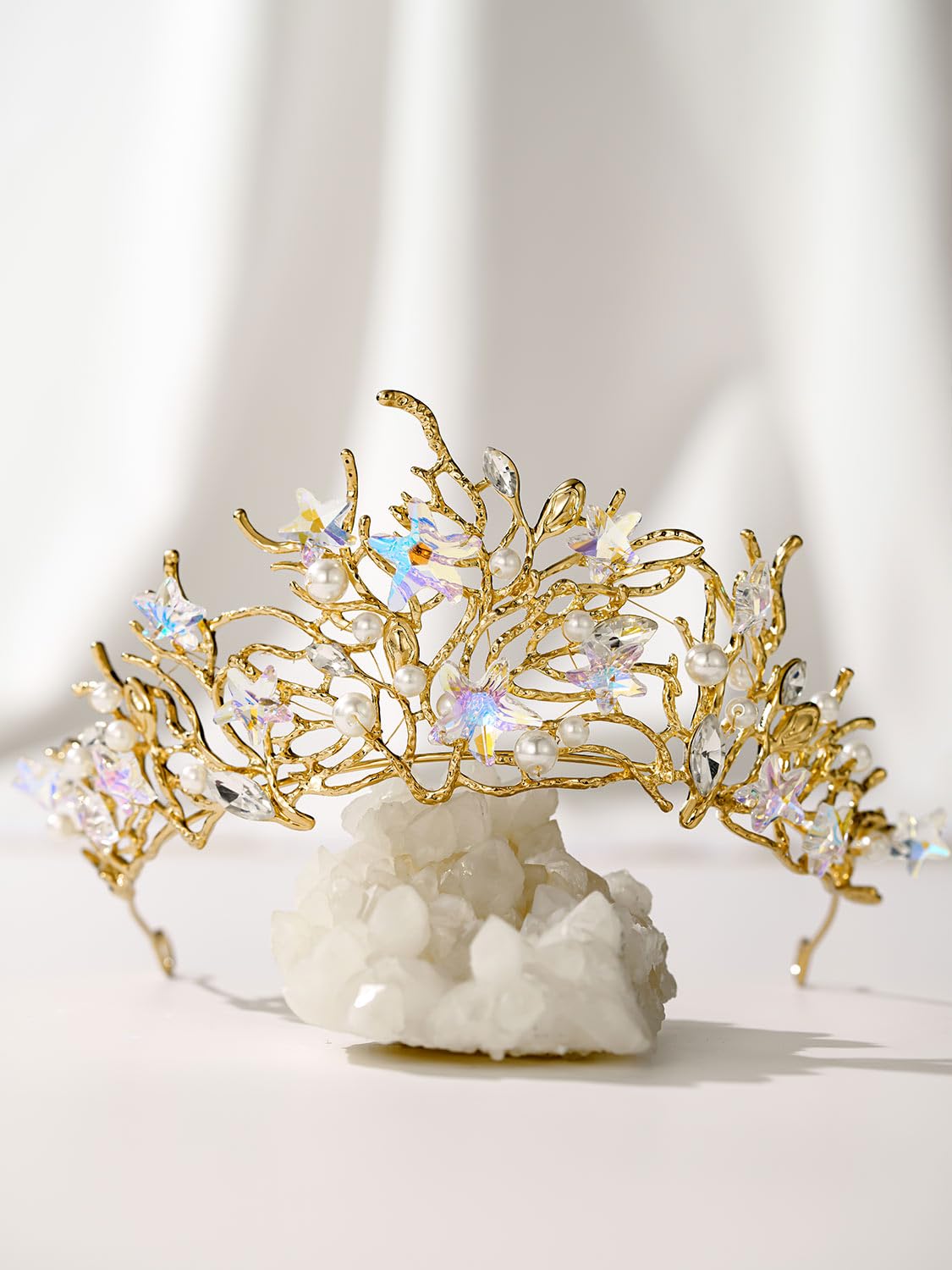 SWEETV Mermaid Tiara for Girls Women, Gold Princess Crown Diadem, Jeweled Headpiece Costume Hair Accessories for Birthday Prom Quinceanera Halloween