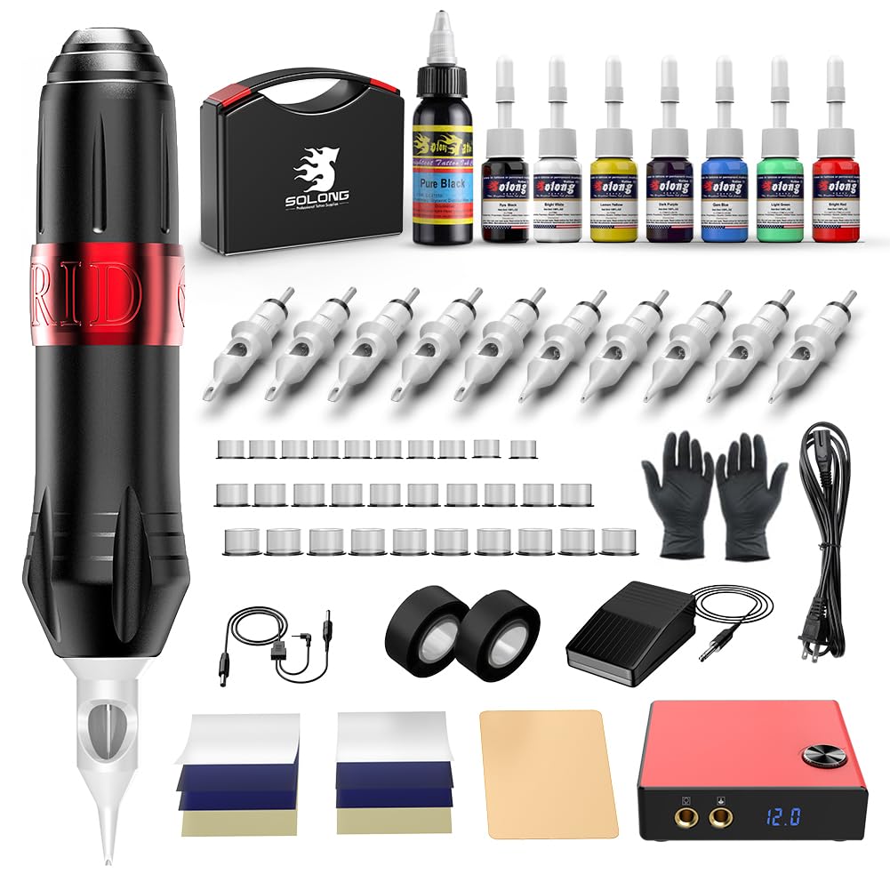 Professional Tattoo Gun Kit for Beginners - Solong Rotary Machine with Carry Case | Complete Tattoo Supplies
