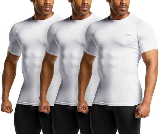 TSLA Men's UPF 50+ Quick Dry Short Sleeve Compression Shirts, Athletic Workout Shirt, Water Sports Rash Guard, Core Tops 3pack Real White, Large