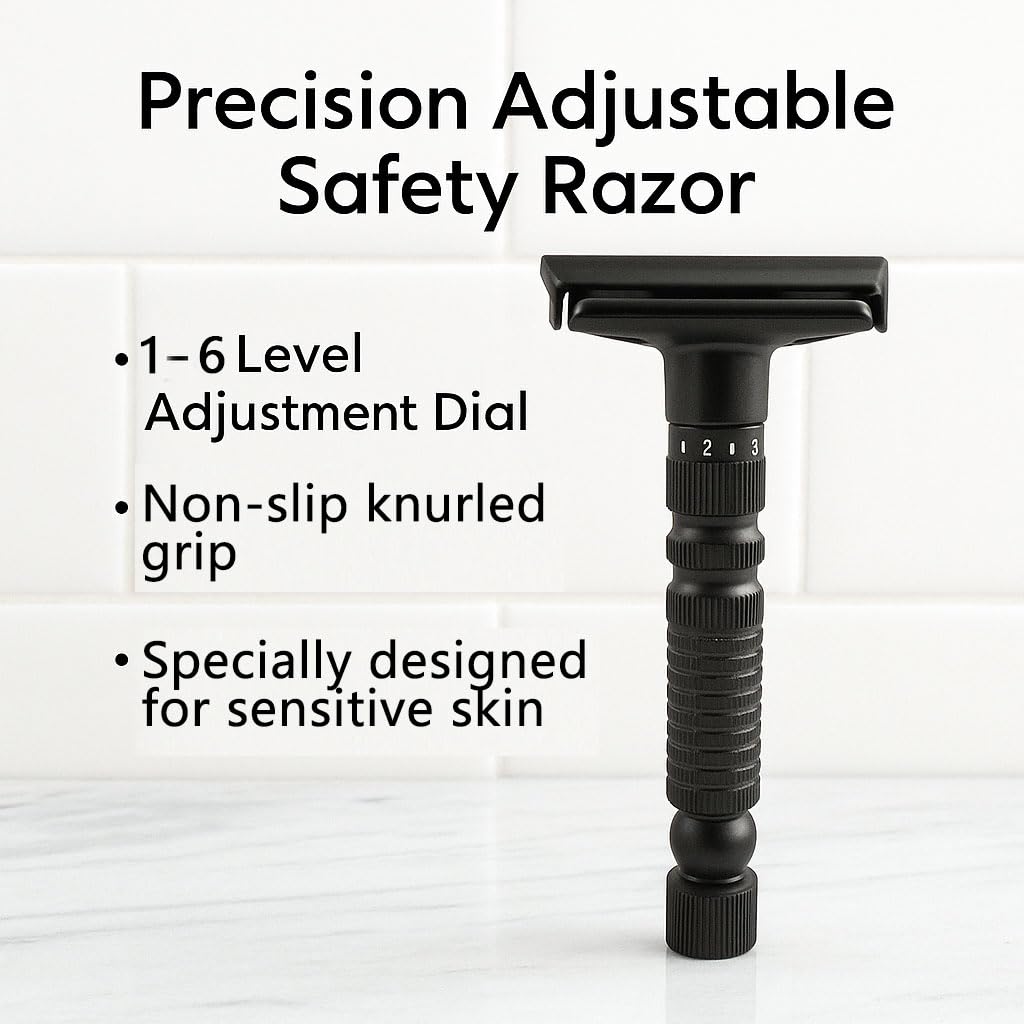 6-speed adjustable dual-blade safety razor with 10 platinum-coated stainless steel blades. Includes optional stand. Comes with complimentary travel pouch. (Black + base + holster)