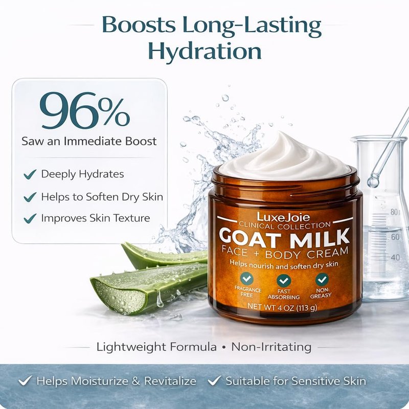 LuxeJoie Goat Milk Face Cream – Fragrance Free Moisturizer for Dry & Sensitive Skin – Fast Absorbing Non Greasy Hydration – Gentle Goat Milk Face & Body Lotion with Shea Butter – 4 oz