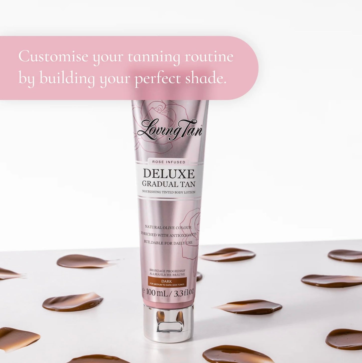 Loving Tan Rose Scented Deluxe Gradual Tan Lotion, Dark-Natural Looking Self Tanner, Professional Strength Sunless Tanner, 5+ Self Tanning Applications-Cruelty Free, Naturally Derived DHA-3.3 Fl Oz