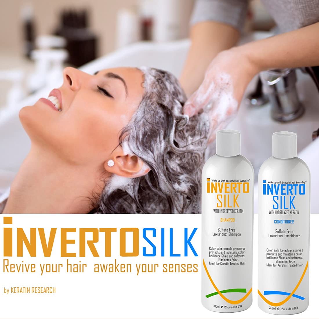 Keratin Shampoo Set For Frizzy Damaged And Color Treated hair INVERTO SILK Luxurious Sulfate Free Shampoo and Conditioner Two Bottles Value Set 2 x 360ml Protect Hair Color Eliminate Frizz