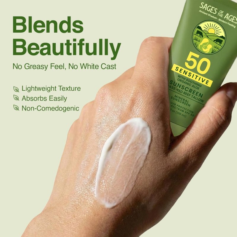 Grass-Fed Tallow Mineral Sunscreen SPF 50 — No White Cast, Non-Nano Zinc Oxide, Reef Safe UVA/UVB, Water Resistant 80 Min, Moisturizing & Soothing with Aloe Vera, Face & Body, 3.4 oz