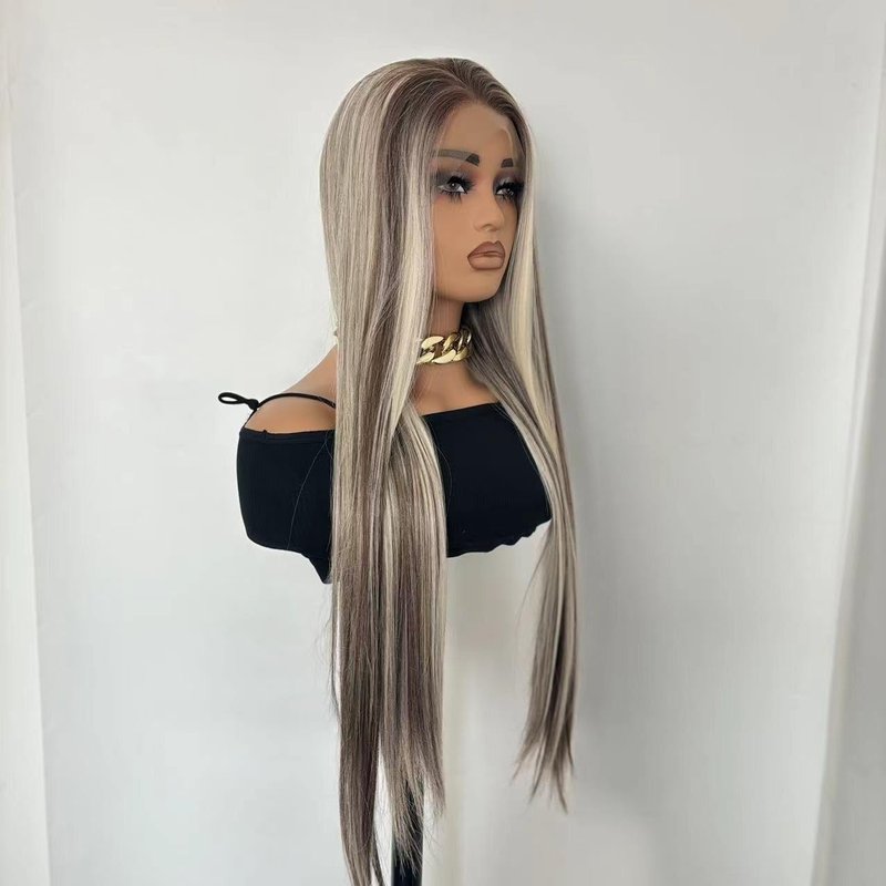 Greenmirr Highlighted Ash Blonde Lace Front Wig 13x4 Lace Long Straight Heated Synthetic Ombre Brown Blonde Lace Front Wig for Women Daily Cosplay 24in