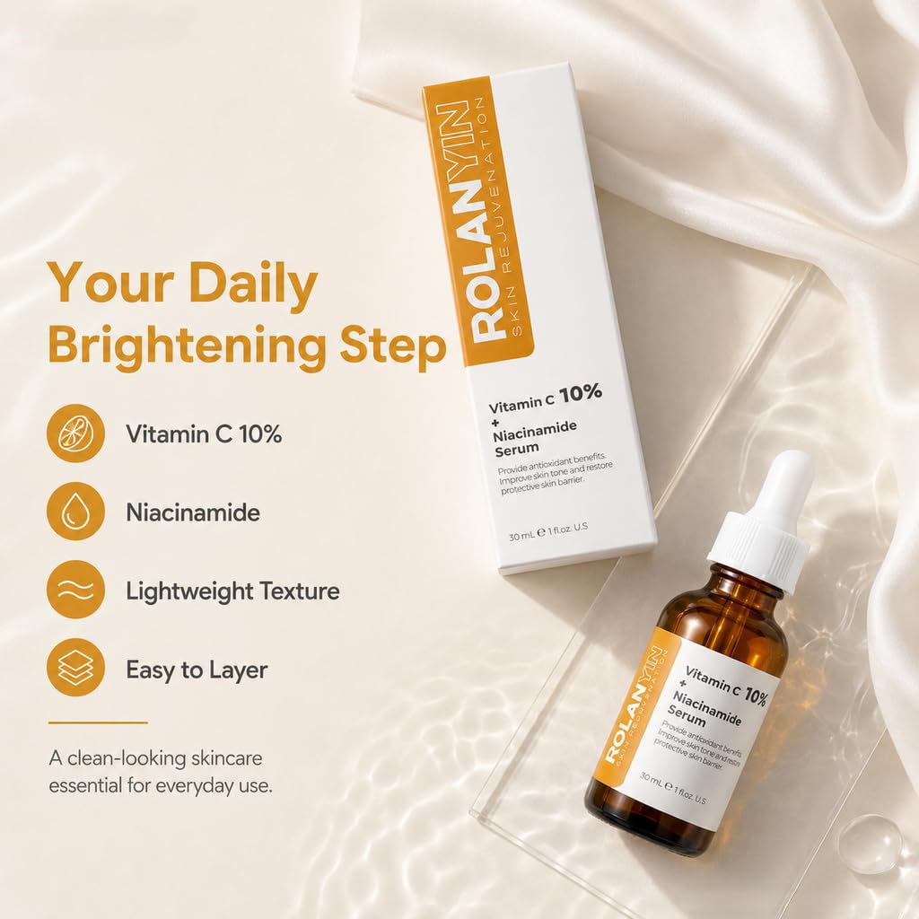 ROLANYIN Vitamin C 10% + Niacinamide Facial Serum Hydration Reducing Fine Lines Wrinkles Skin Firming Anti Aging Formula Boosting Radiance Improving Texture Skin Care