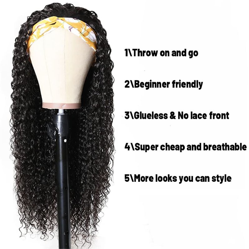 NICMISS Deep Wave Headband Wig Human Hair 12 Inch Curly Headband Wigs for Black Women Human Hair Glueless None Lace Front Wig Brazilian Virgin Hair Wear and Go Wigs 150% Density Natural Black Color
