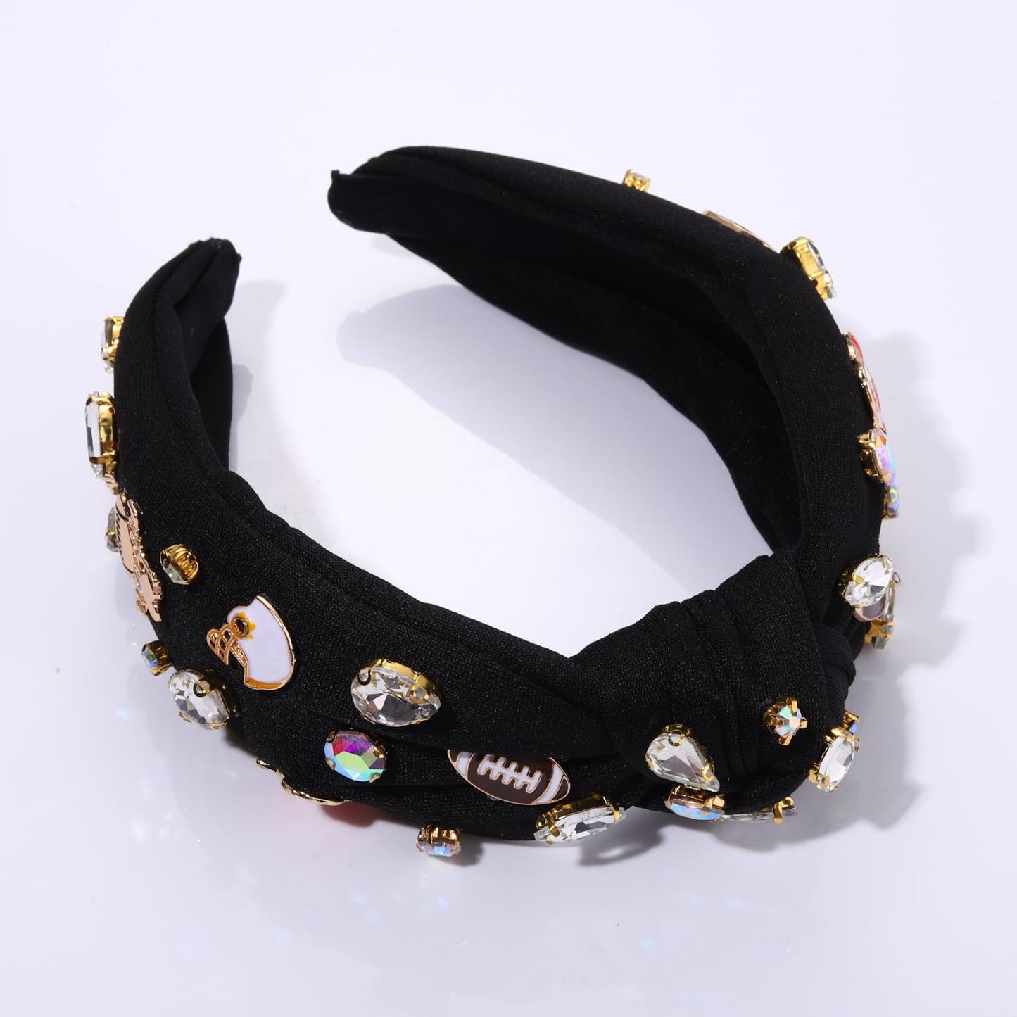 mokkia Football Headband for Women Football Mom Accessories Crystal Rhinestone Jeweled Wide Top Knot Headband Game Day Sports Hair Accessories Gift (Black)