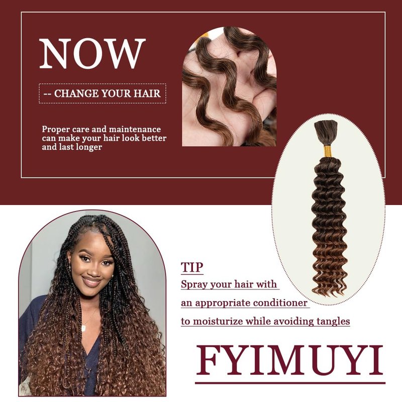 Deep Wave Bulk hair for Braid No Weft Deep Wave Bulk hair for Braiding Micro Faux Braiding Hair for Boho Braids Wet and Wave 24Inch,#1B30 6Bundles