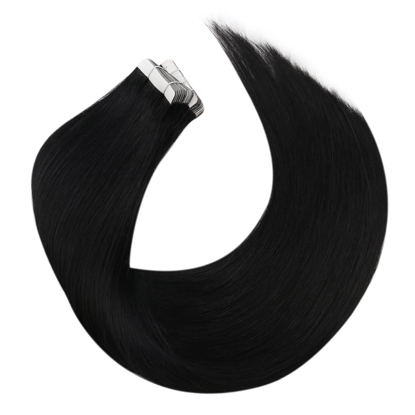 Moresoo Black Tape in Hair Extensions Human Hair Seamless Hair Extensions Tape in Jet Black Extensions Human Hair Glue in Real Hair Glue in Human Hair 22 Inch #1 20pcs 50g