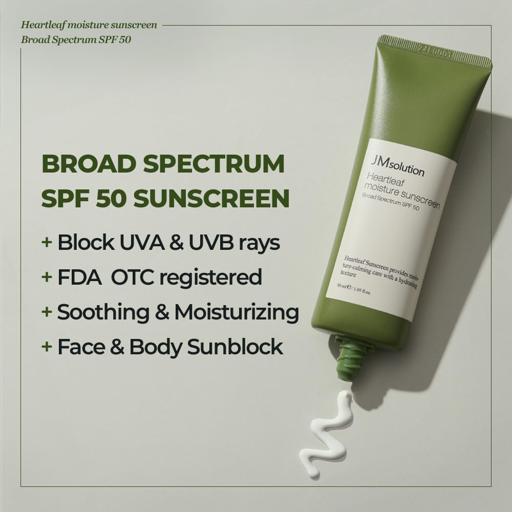JMsolution Heart Leaf Sunscreen SPF 50 – Made in USA, Calming UV Protection with Heart Leaf & Centella Asiatica – Lightweight Hydrating Face Sunscreen for Sensitive Skin