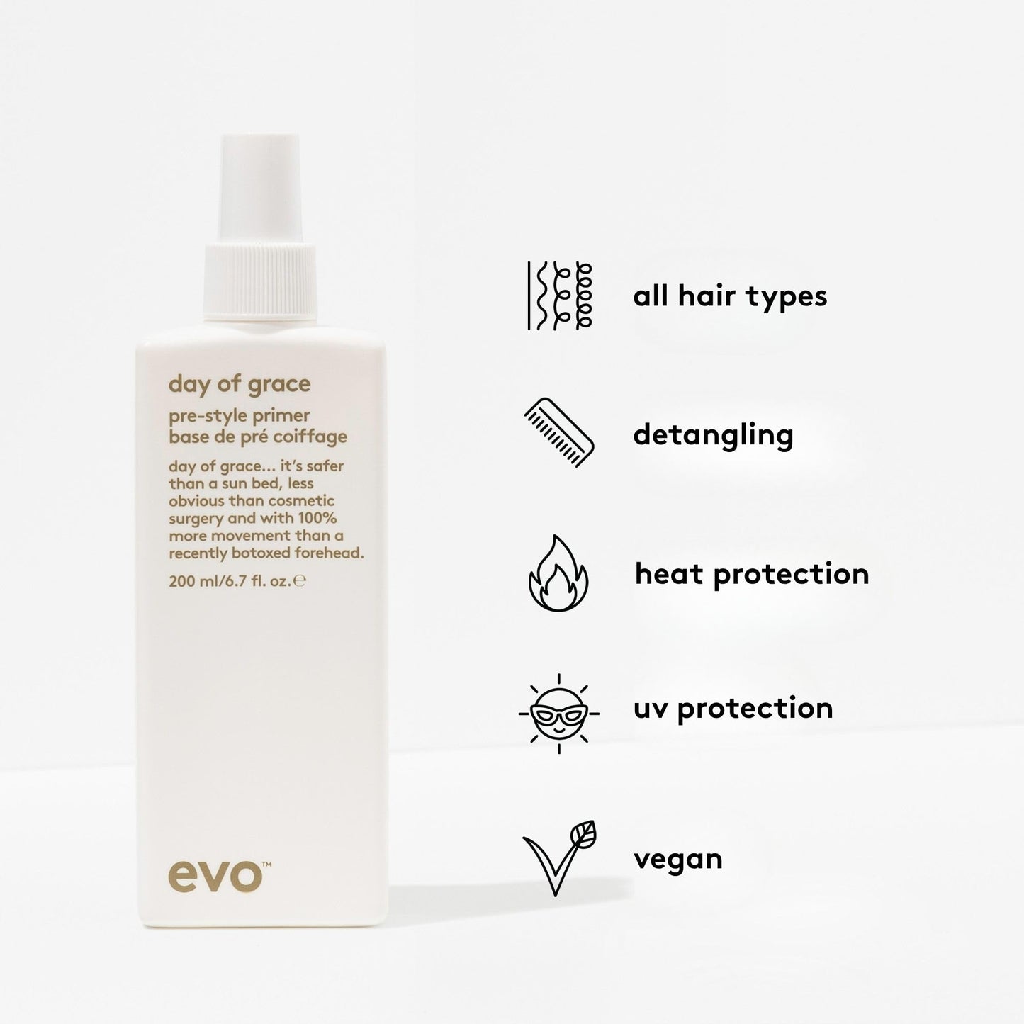 EVO Day Of Grace Pre-Style Primer - Full Size Lightweight Leave In Heat Protectant Spray To Detangle & Improve Condition - 6.7fl.oz