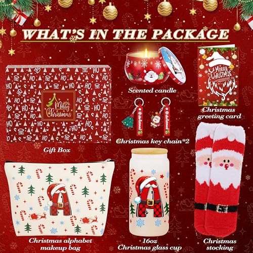 Christmas Gifts for Women - Initial Glass Cup Makeup Bag, Christmas Decorations, Stockings, Scented Candles, Card & Keychain Set for Her