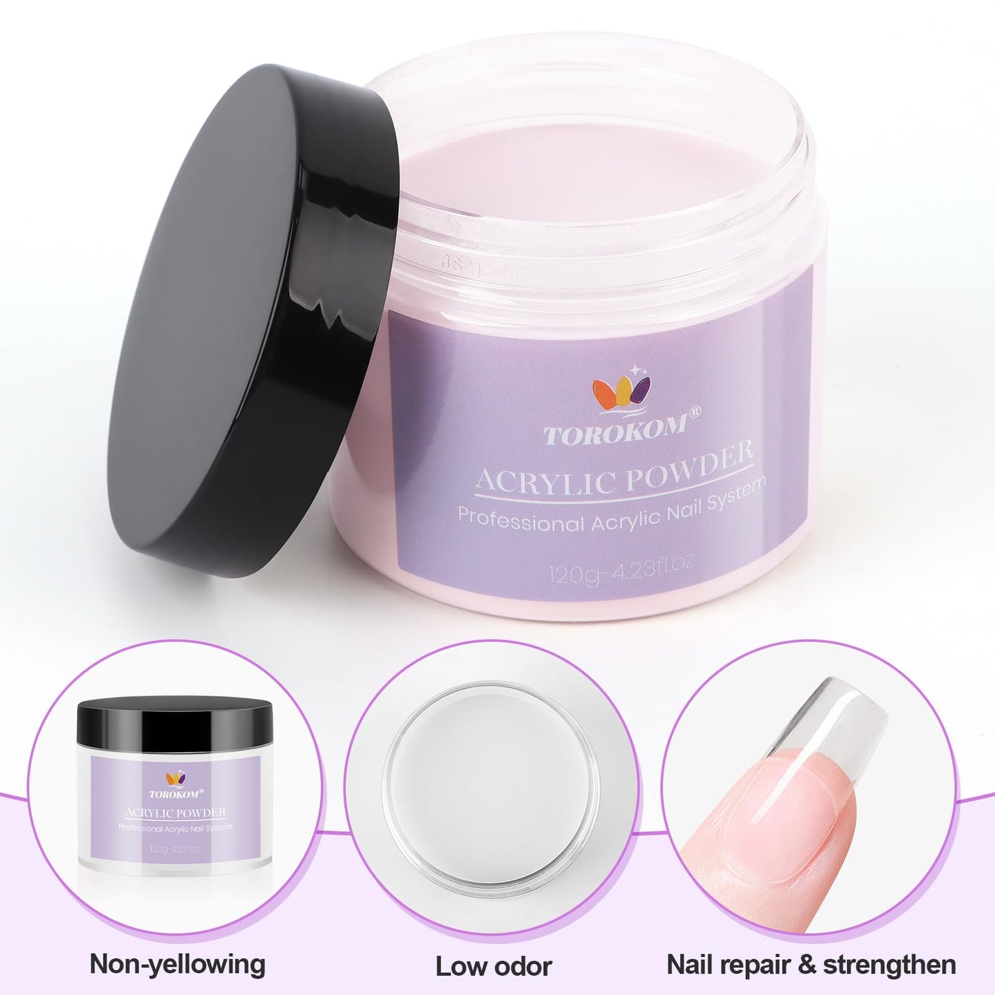 TOROKOM 4 Colors Acrylic Powder, 480g/16.93oz Acrylic Nail Powder Large Capacity Acrylic Dip Powder for Nails Acrylic Extension Powders, 3D Nail Carving, Long-Lasting, No Nails Lamp Required (4*120g)